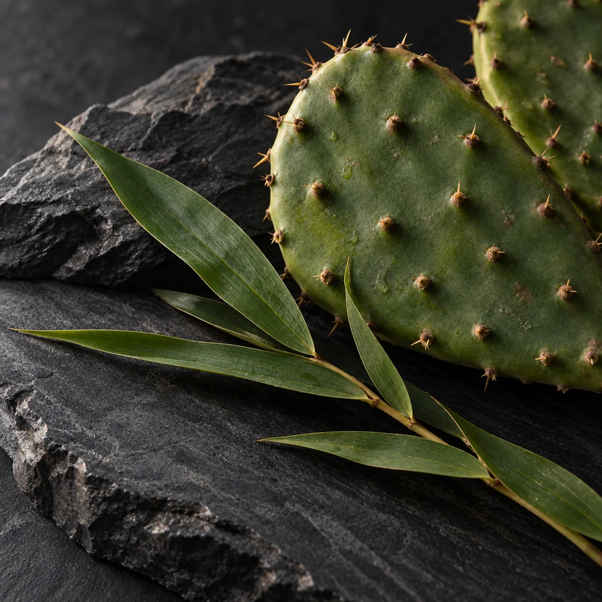 Illustrative cactus and bamboo composition on textured dark stone