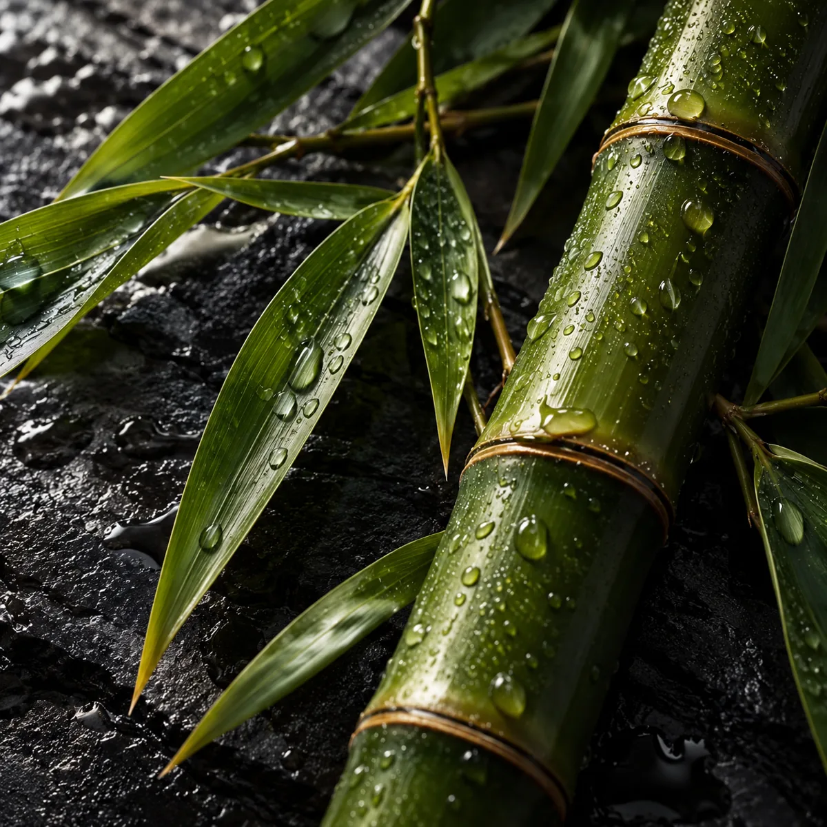 Illustration of bamboo leaves and water droplets