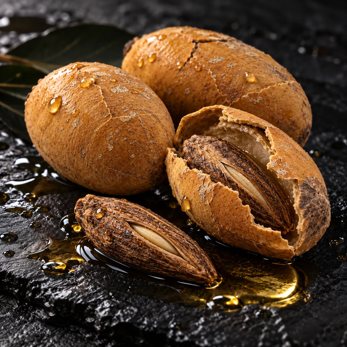 Illustration of desert date seeds and amber oil