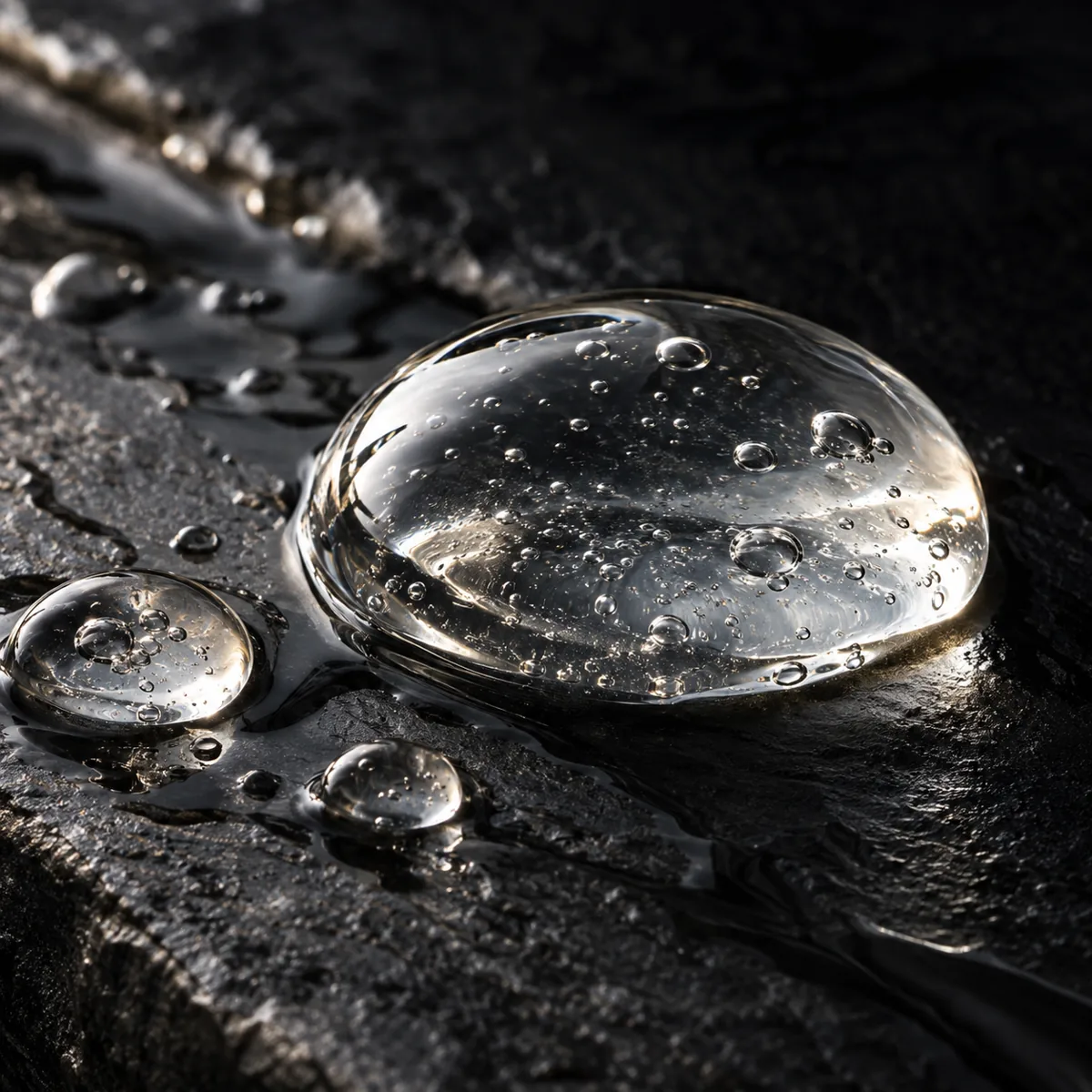 Conceptual illustration of clear hydrated gel droplets