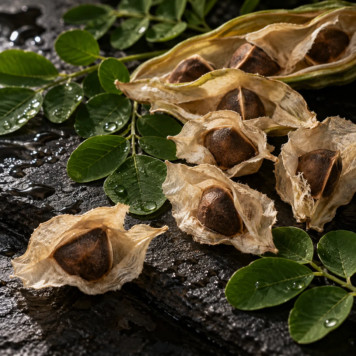 Illustration of moringa seeds and leaves