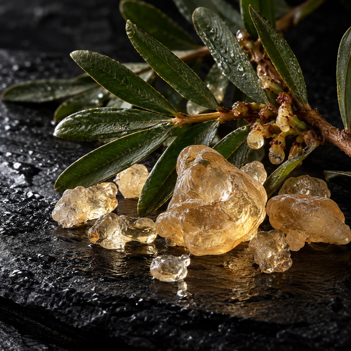 Illustrative mastic resin and leaves