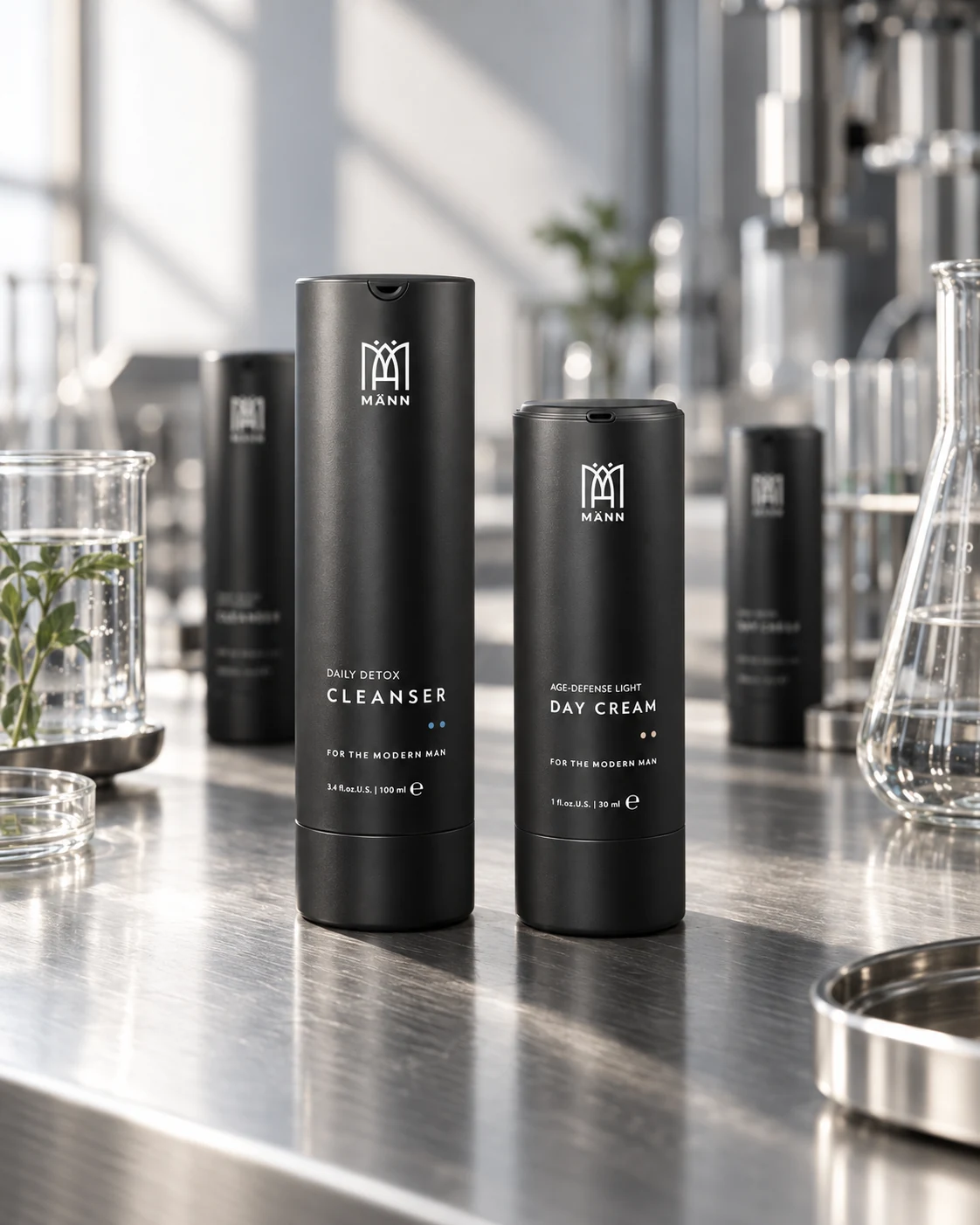 Laboratory concept featuring MÄNN cleanser and day cream bottles
